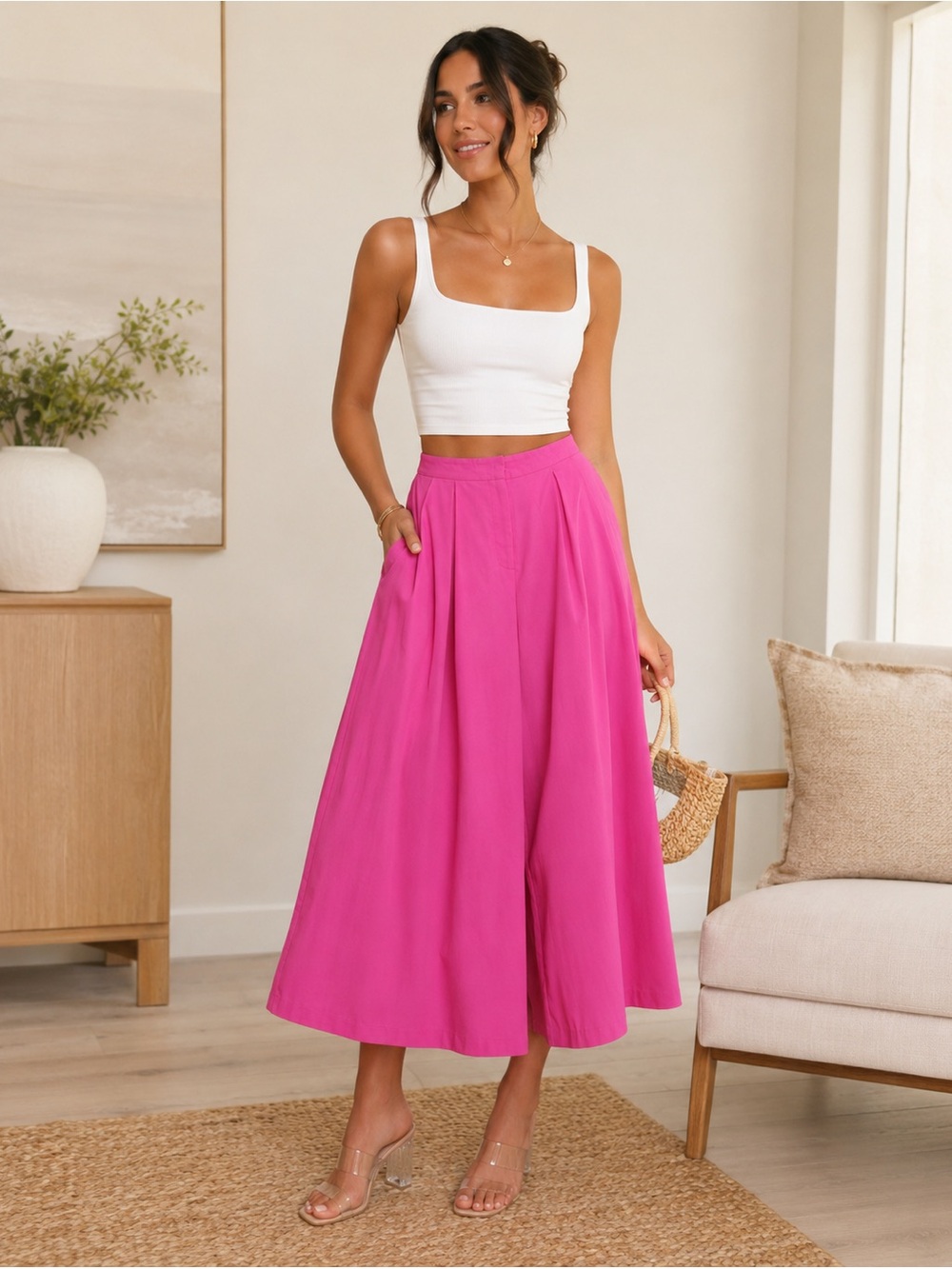 High-Rise Wide-Leg Culotte Pants in Vibrant Pink